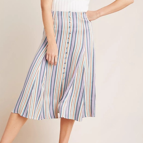 Maeve By Anthropologie Freya Striped Button Front Satin Midi Skirt In Multi US 4 - Picture 1 of 7
